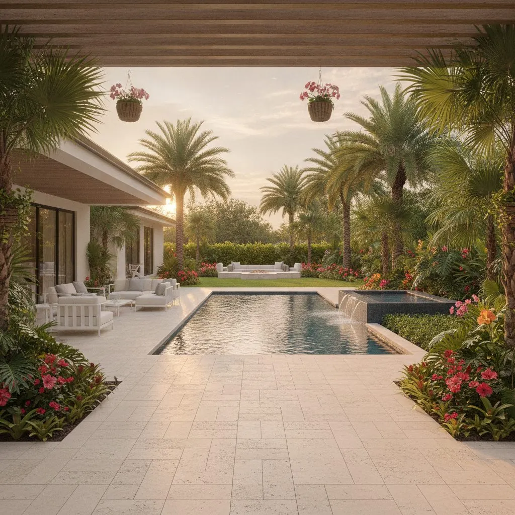 Covered terrace opening onto a paver courtyard and palms