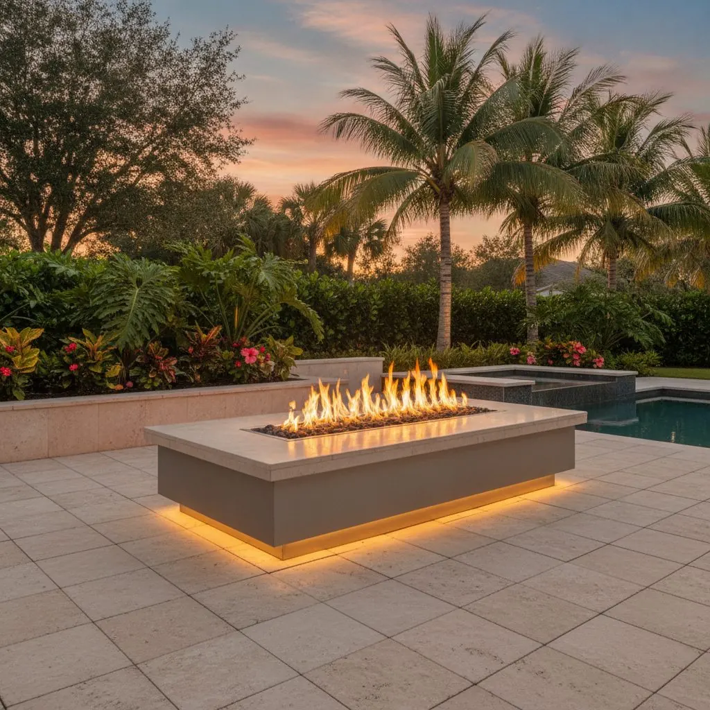 Fire table on a light paver patio at dusk