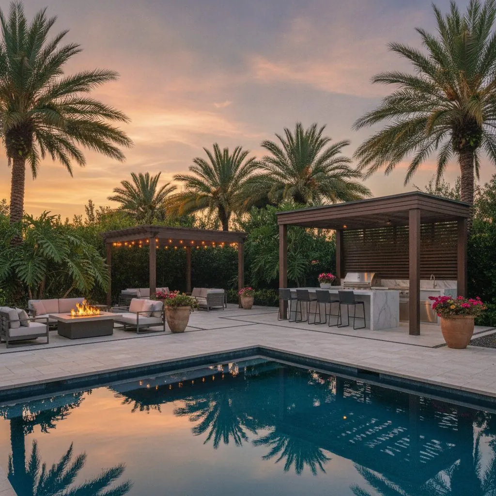 Outdoor kitchen pavilion and lounge terrace at sunset