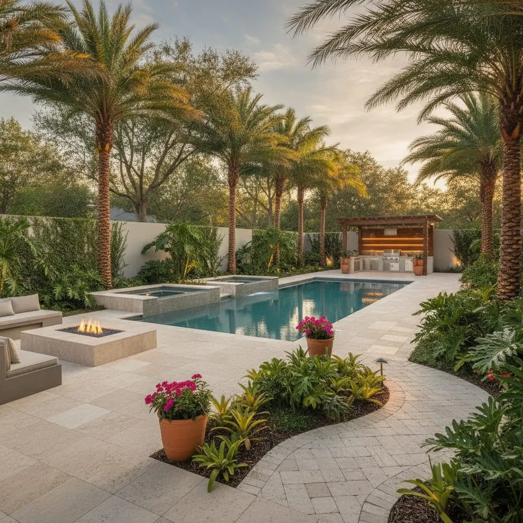 Paver path bordered by tropical planting
