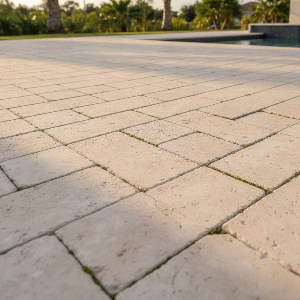 Close-up of light stone pavers in a running pattern