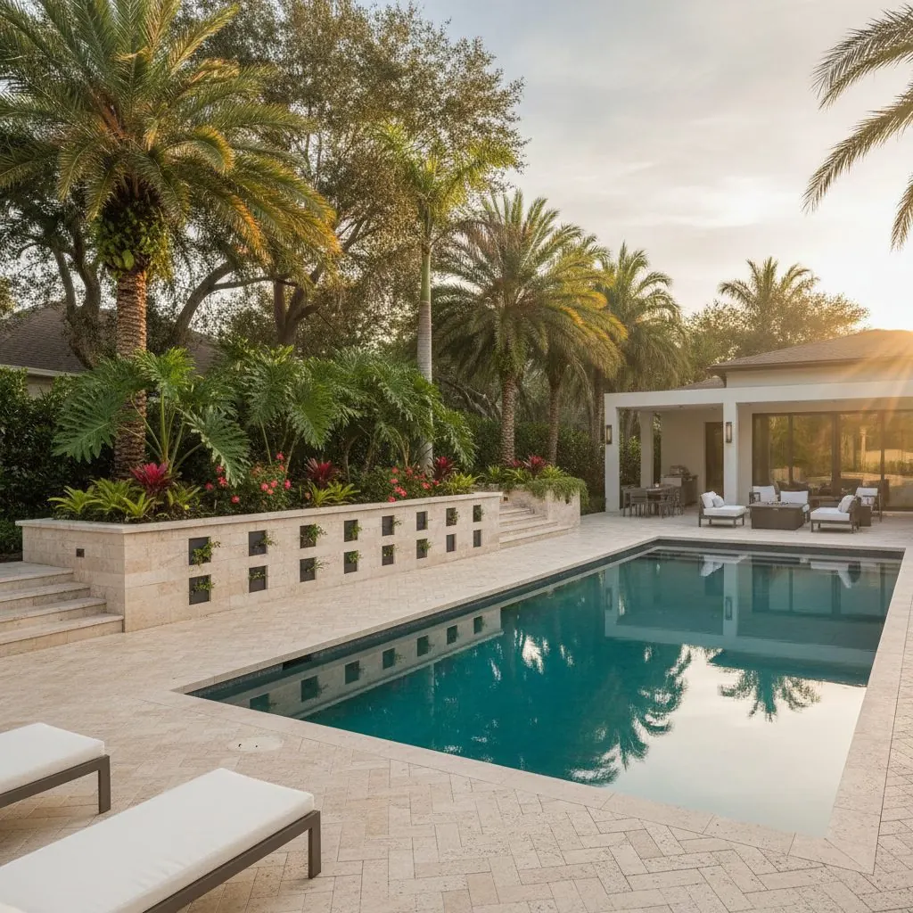 Light paver terrace with a covered lounge and tropical planting