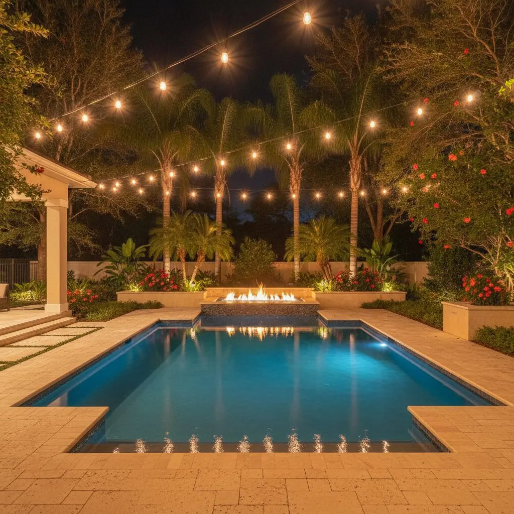 Evening backyard with string lights and a linear fire feature